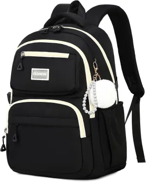 MOONBABY Girls Backpack Women Fashion Laptop Backpack Multiple Pockets Aesthetic Bookbag for Middle High School College Travel Work, Black (with Pom Pom Keychain)