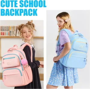 MOONBABY School Backpack for Teen Girls Women Color Matching Multiple Pockets Bookbag for Travel, Work, Blue (with Pom Pom Keychain)