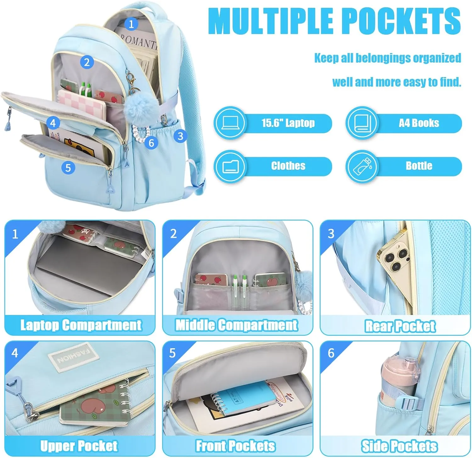 MOONBABY School Backpack for Teen Girls Women Color Matching Multiple Pockets Bookbag for Travel, Work, Blue (with Pom Pom Keychain)