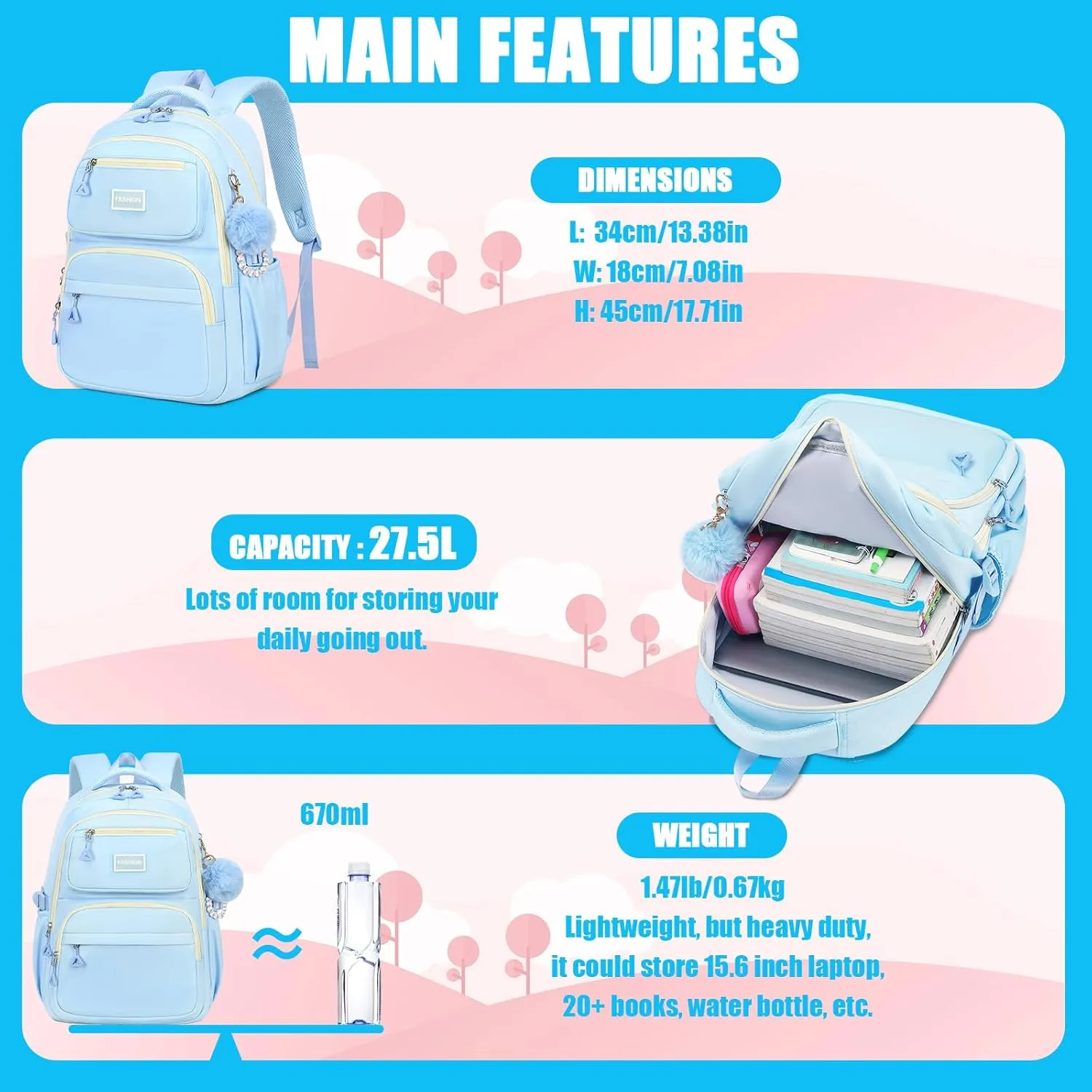 MOONBABY School Backpack for Teen Girls Women Color Matching Multiple Pockets Bookbag for Travel, Work, Blue (with Pom Pom Keychain)