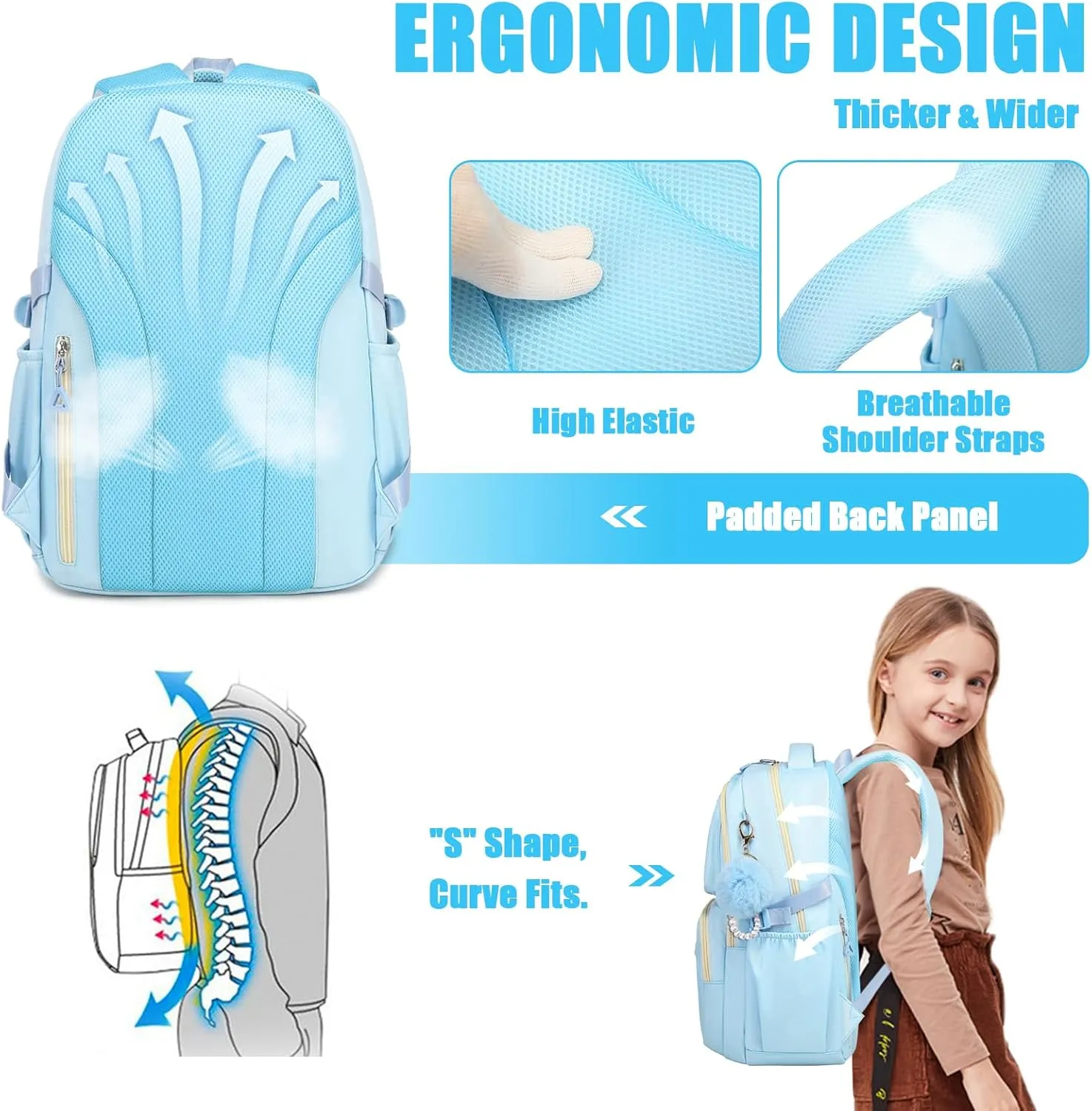MOONBABY School Backpack for Teen Girls Women Color Matching Multiple Pockets Bookbag for Travel, Work, Blue (with Pom Pom Keychain)