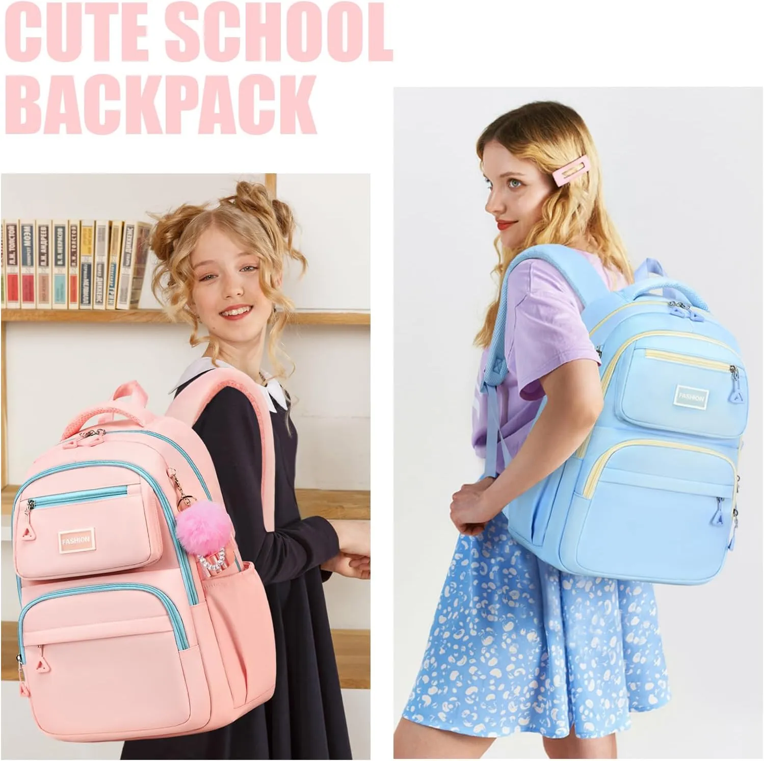 MOONBABY School Backpack for Teen Girls Women Color Matching Multiple Pockets Bookbag for Travel, Work, Pink (with Pom Pom Keychain)