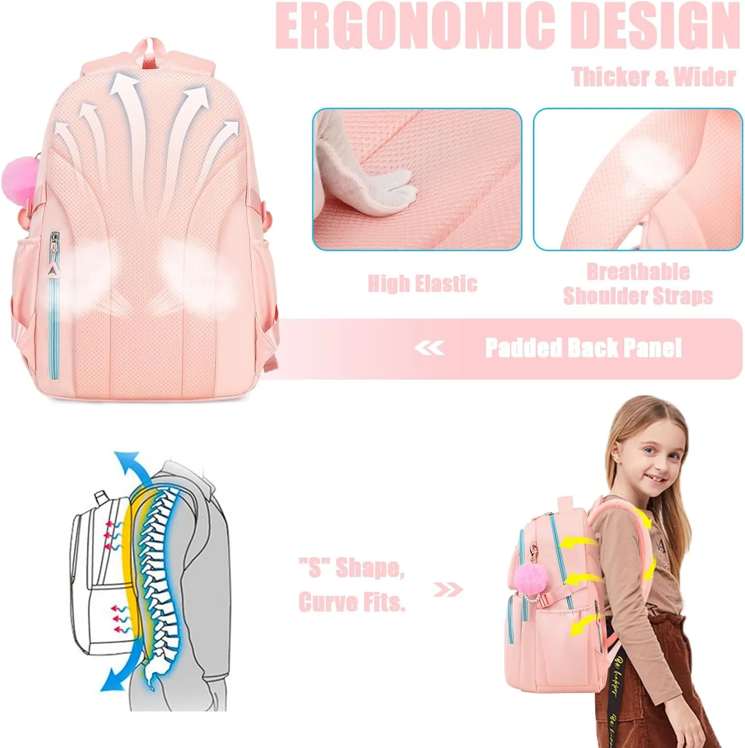 MOONBABY School Backpack for Teen Girls Women Color Matching Multiple Pockets Bookbag for Travel, Work, Pink (with Pom Pom Keychain)