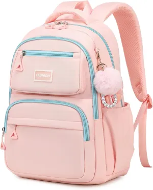 MOONBABY School Backpack for Teen Girls Women Color Matching Multiple Pockets Bookbag for Travel, Work, Pink (with Pom Pom Keychain)