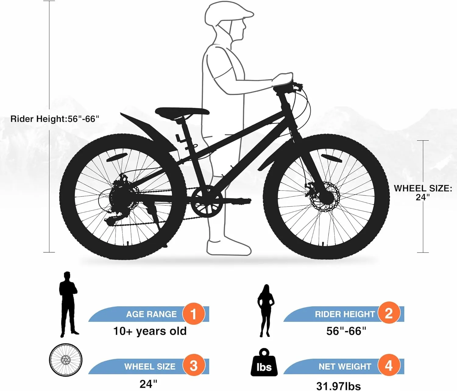 Mountain Bike 20/24 Inch, 3" Wide Fat Tire Snow Mountain Bikes, 7 Speeds Kids Teen Student Bicycles,Steel Frame Disc Brake，3 Colors