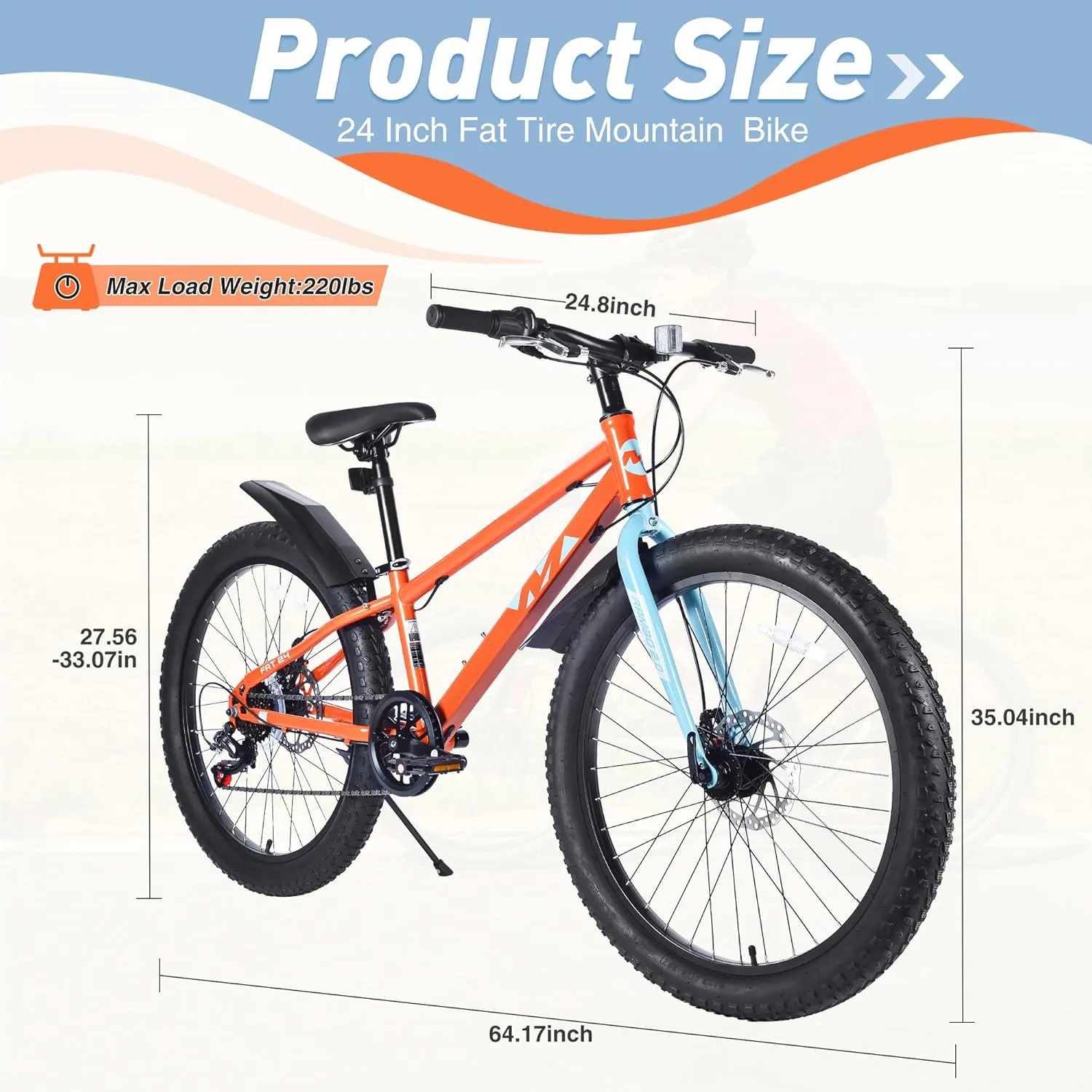 Mountain Bike 20/24 Inch, 3" Wide Fat Tire Snow Mountain Bikes, 7 Speeds Kids Teen Student Bicycles,Steel Frame Disc Brake，3 Colors