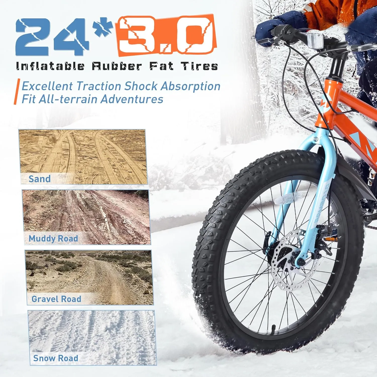 Mountain Bike 20/24 Inch, 3" Wide Fat Tire Snow Mountain Bikes, 7 Speeds Kids Teen Student Bicycles,Steel Frame Disc Brake，3 Colors
