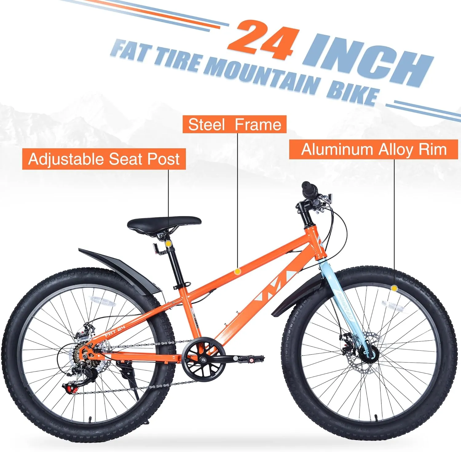 Mountain Bike 20/24 Inch, 3" Wide Fat Tire Snow Mountain Bikes, 7 Speeds Kids Teen Student Bicycles,Steel Frame Disc Brake，3 Colors
