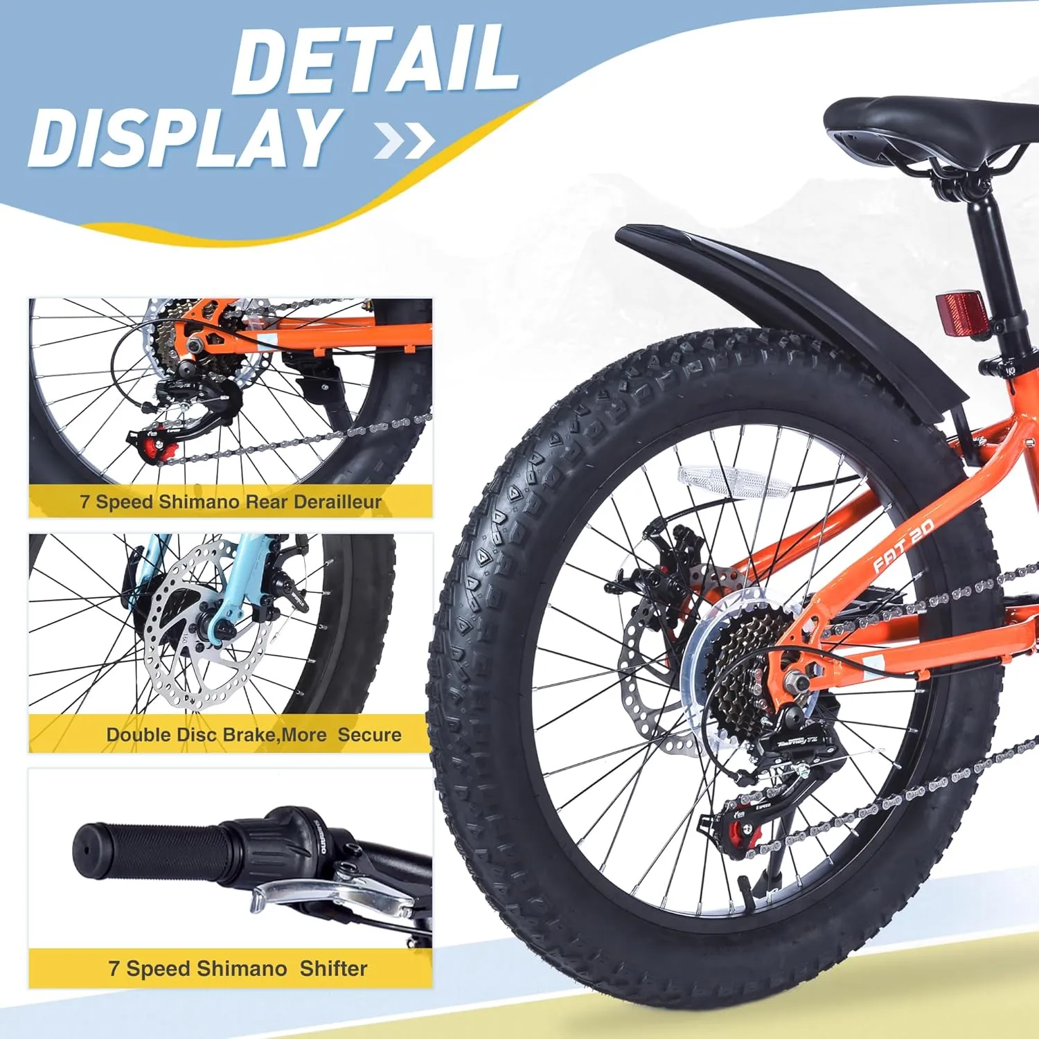 Mountain Bike 20/24 Inch, 3" Wide Fat Tire Snow Mountain Bikes, 7 Speeds Kids Teen Student Bicycles,Steel Frame Disc Brake，3 Colors