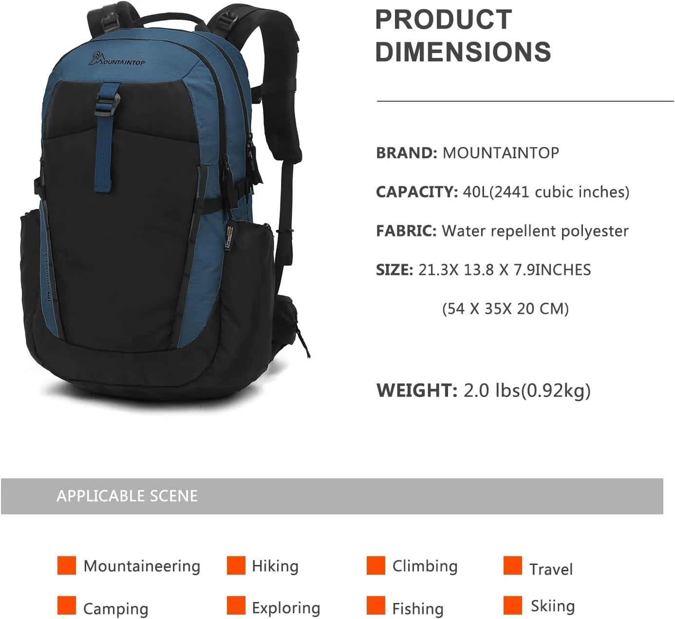 MOUNTAINTOP 40L Hiking Backpack Lightweight Travel Camping Backpack with Waist Strap&YKK Zippers for Men Women
