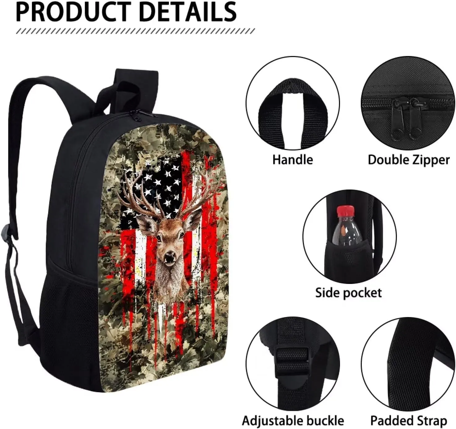 Mumeson American Deer Casual Backpack for Middle High School Kid Rucksack Bookbag for Travel Daily Daypack Back to School Supplies for Teens