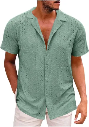 Muscularfit Mens Big and Tall Button Down Shirts Summer Short Sleeve Eyelet Shirts Casual Beach Tops Muscle Basic T Shirts