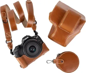 MUZIRI KINOKOO Protective Case for Canon EOS R50 R100 DSLR Camera, Retro PU Leather EOS R50 R100 Detachable Carrying Case Bag - with Shoulder Strap & Storage Pocket - Brown