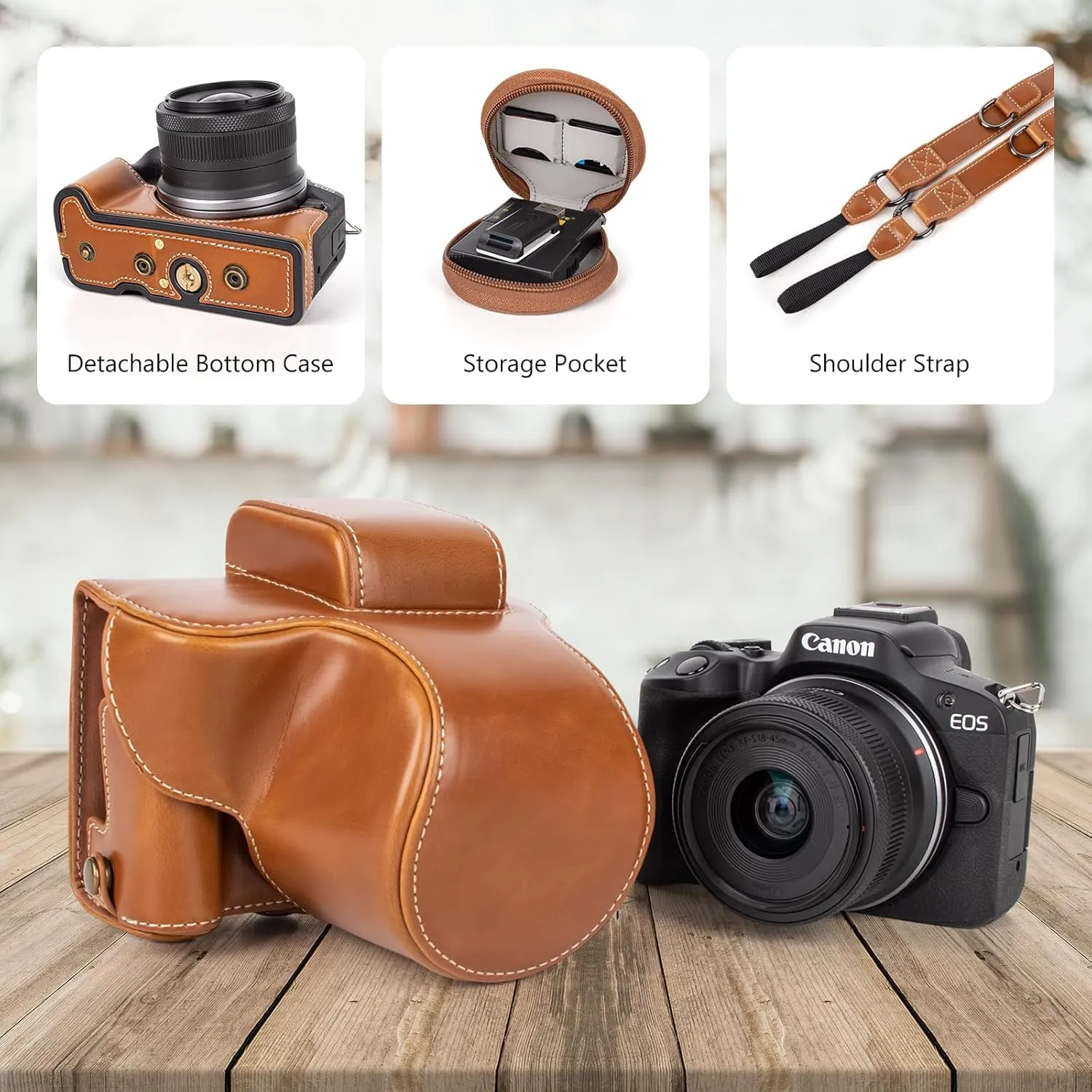 MUZIRI KINOKOO Protective Case for Canon EOS R50 R100 DSLR Camera, Retro PU Leather EOS R50 R100 Detachable Carrying Case Bag - with Shoulder Strap & Storage Pocket - Brown