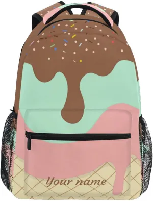 Name Personalized Bookbags Laptop Backpack for High School Adult Men Colorful Sweet Ice Cream Travel College Teens Student Casual Shoulder Daypack Customed