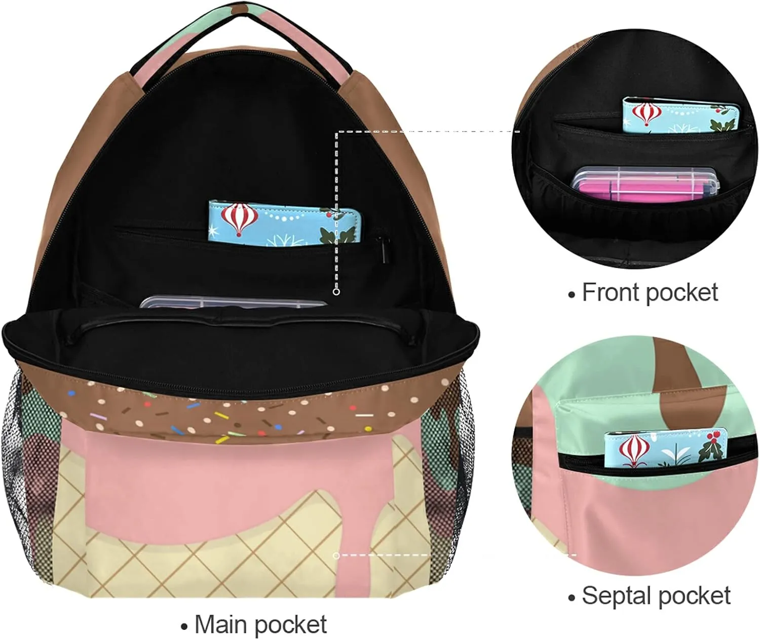 Name Personalized Bookbags Laptop Backpack for High School Adult Men Colorful Sweet Ice Cream Travel College Teens Student Casual Shoulder Daypack Customed