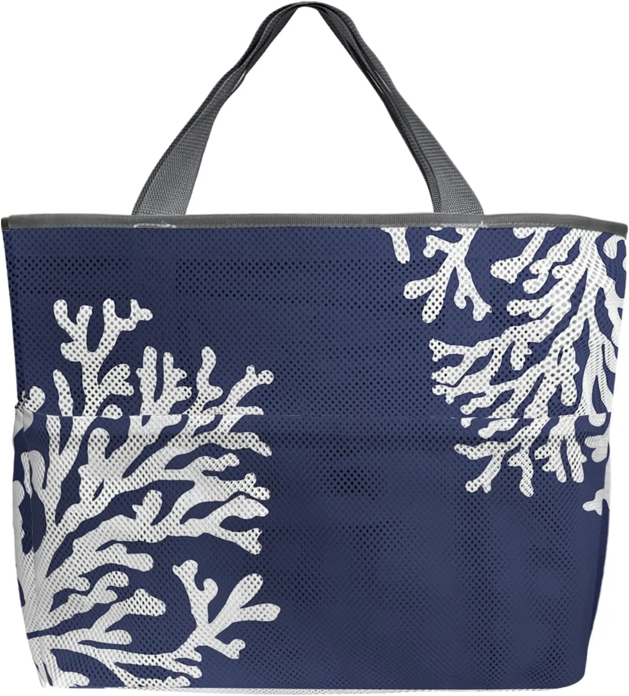 Navy Blue Coral Beach Tote Bag for Women, Coastal Summer Beach Nautical Seaside Mesh Beach Bags Waterproof Sandproof, Outdoor Picnic Swim Pool Handbag - Large Beach Bag with Zipper and Pockets