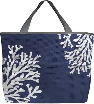 Navy Blue Coral Beach Tote Bag for Women, Coastal Summer Beach Nautical Seaside Mesh Beach Bags Waterproof Sandproof, Outdoor Picnic Swim Pool Handbag - Large Beach Bag with Zipper and Pockets