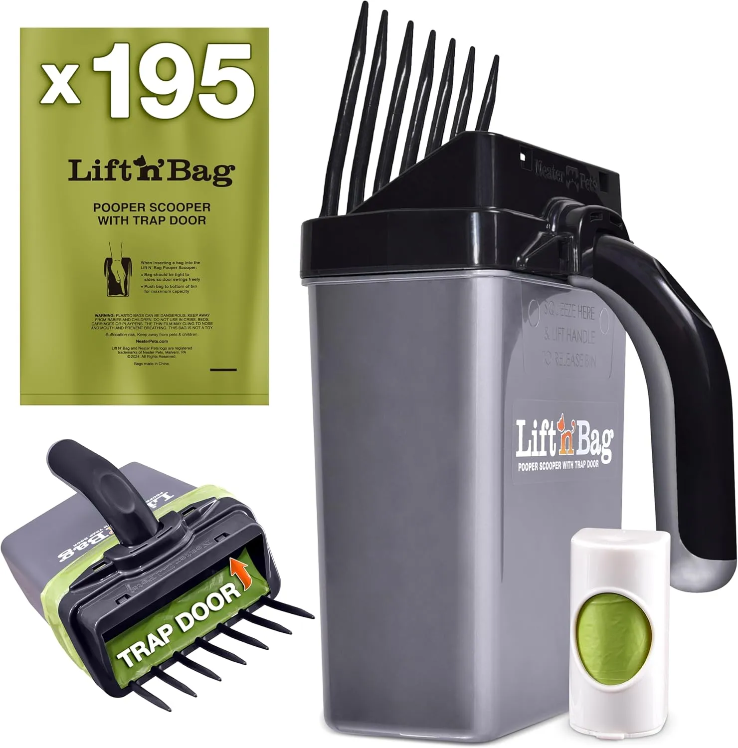 Neater Pets Lift N’ Bag Trap Door Dog Pooper Scooper with Bag Attachment for Small to Large Breeds - 195 Refill Bags - Heavy Duty Dog Poop Scooper for Yard & Walks, One-Handed Operation, Direct to Bag