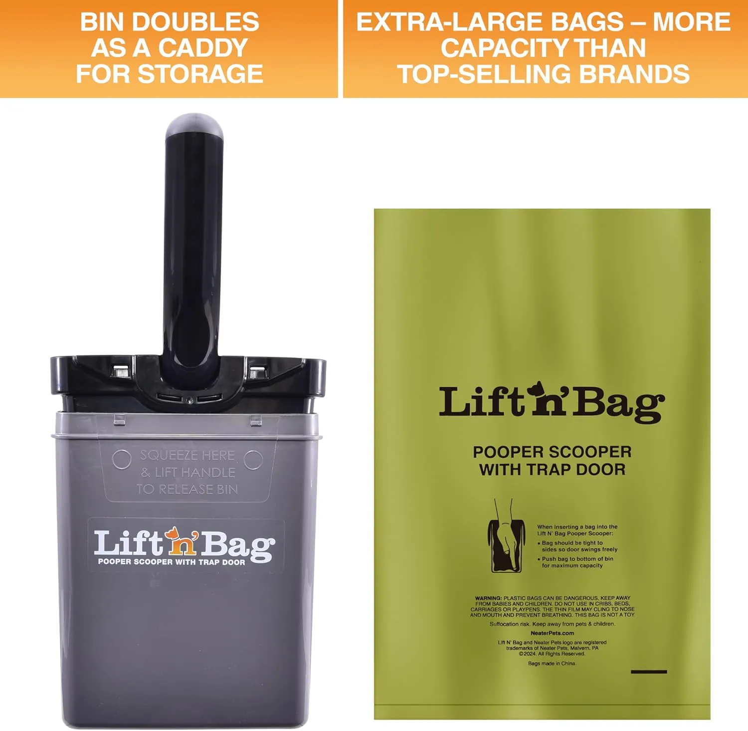 Neater Pets Lift N’ Bag Trap Door Dog Pooper Scooper with Bag Attachment for Small to Large Breeds - 195 Refill Bags - Heavy Duty Dog Poop Scooper for Yard & Walks, One-Handed Operation, Direct to Bag