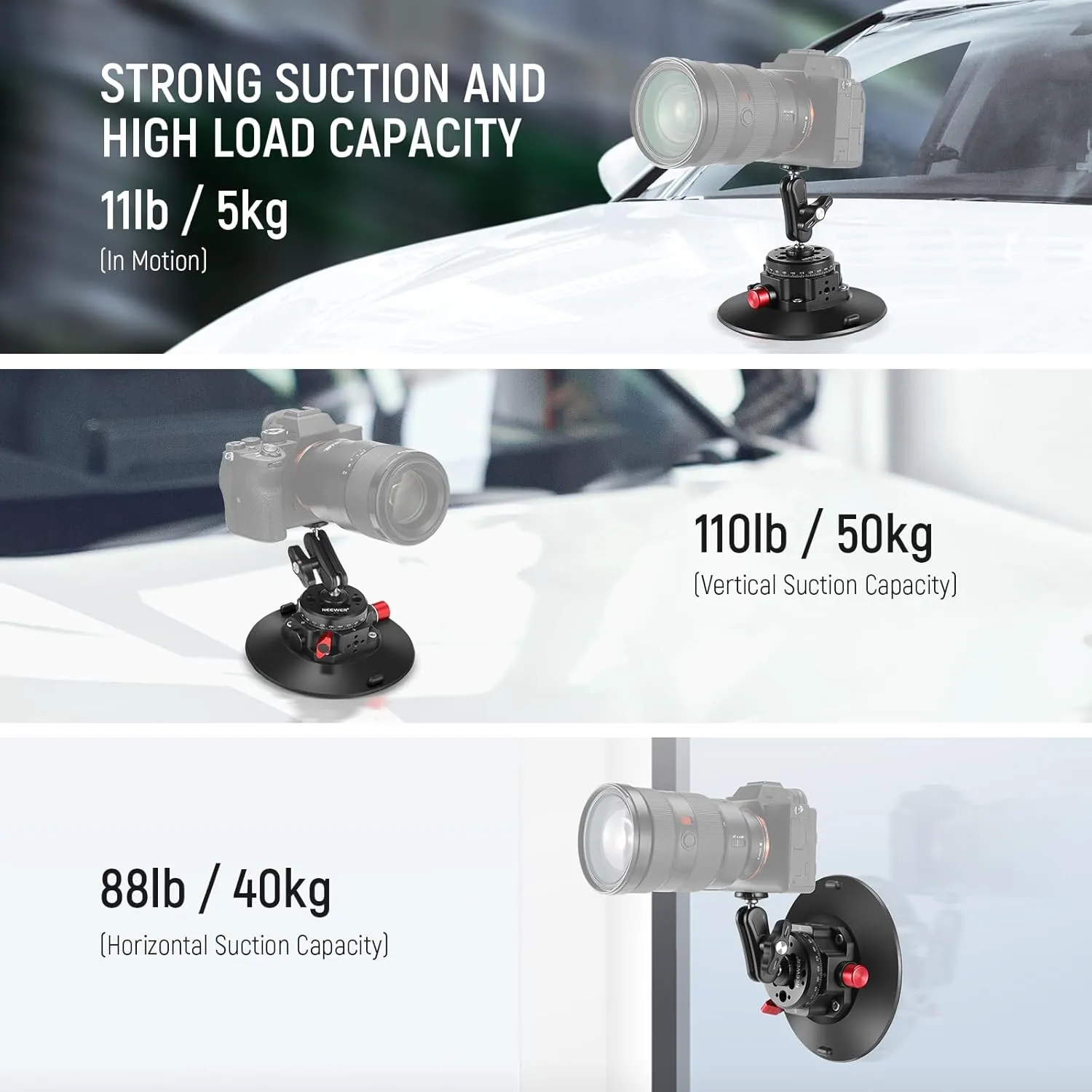 NEEWER 6"/15.2cm Camera Suction Cup Mount with Ball Head Magic Arm, Metal Suction Cup Mount on Car Windshield Dash for Camera/Action Camera/Phone Holder, with 1/4" & 3/8" Mounting Holes for ARRI