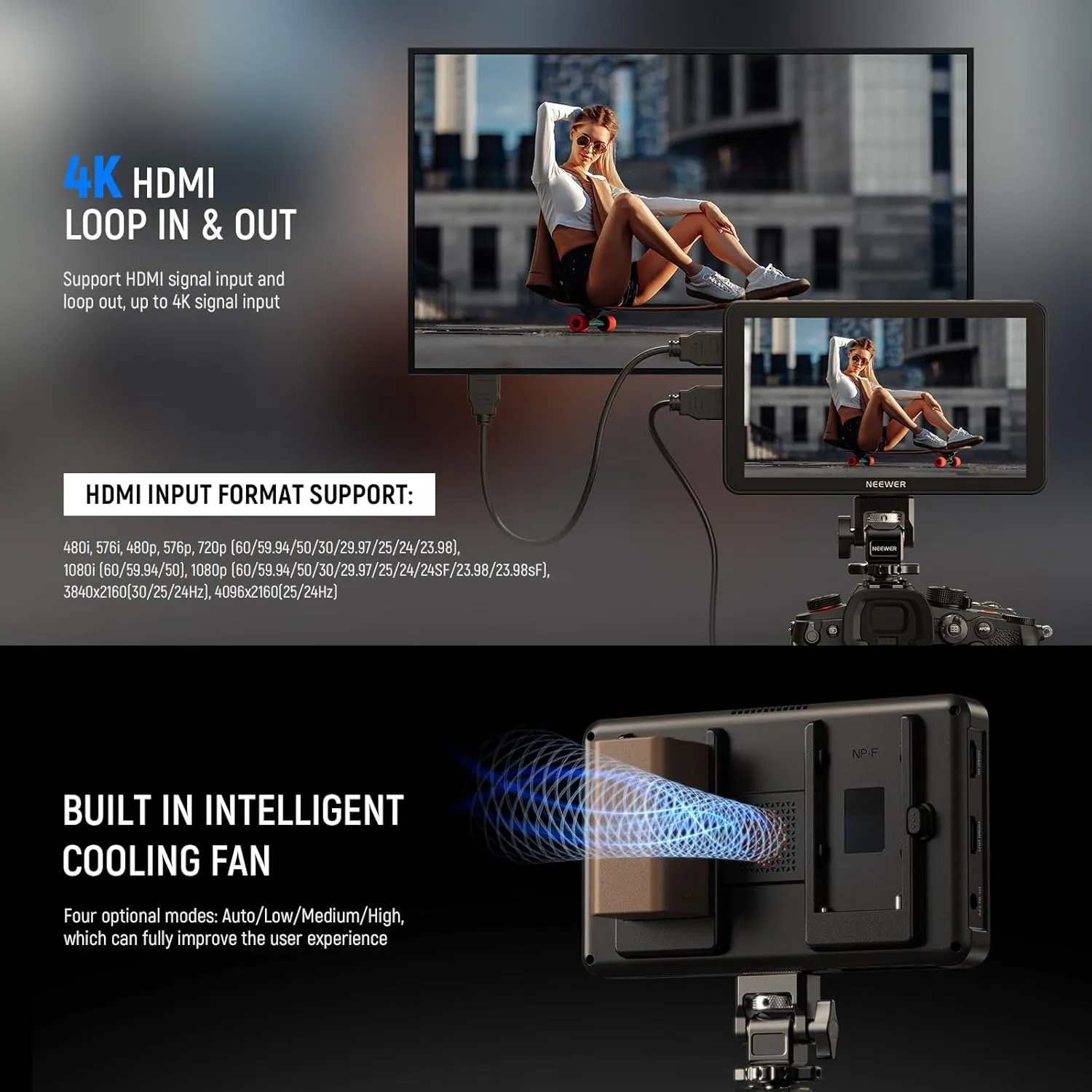 NEEWER F700 7" Camera Field Monitor, 2000nit HD 1920x1080 IPS Touch Screen with 3D LUT, 4K HDMI Loop in/Out with Peak Focus DSLR Video Assist HDR Waveform, Cold Shoe Mount, 2 NP-F750 Batteries & Cable