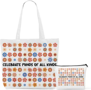 Neurodiversity Autism Awareness Canvas Tote Bag Cosmetic Bags Set Flower Mental Health Inspirational Gifts for Women Special Education Teacher Birthday Reusable Shopping Grocery Bags Travel Makeup Bag
