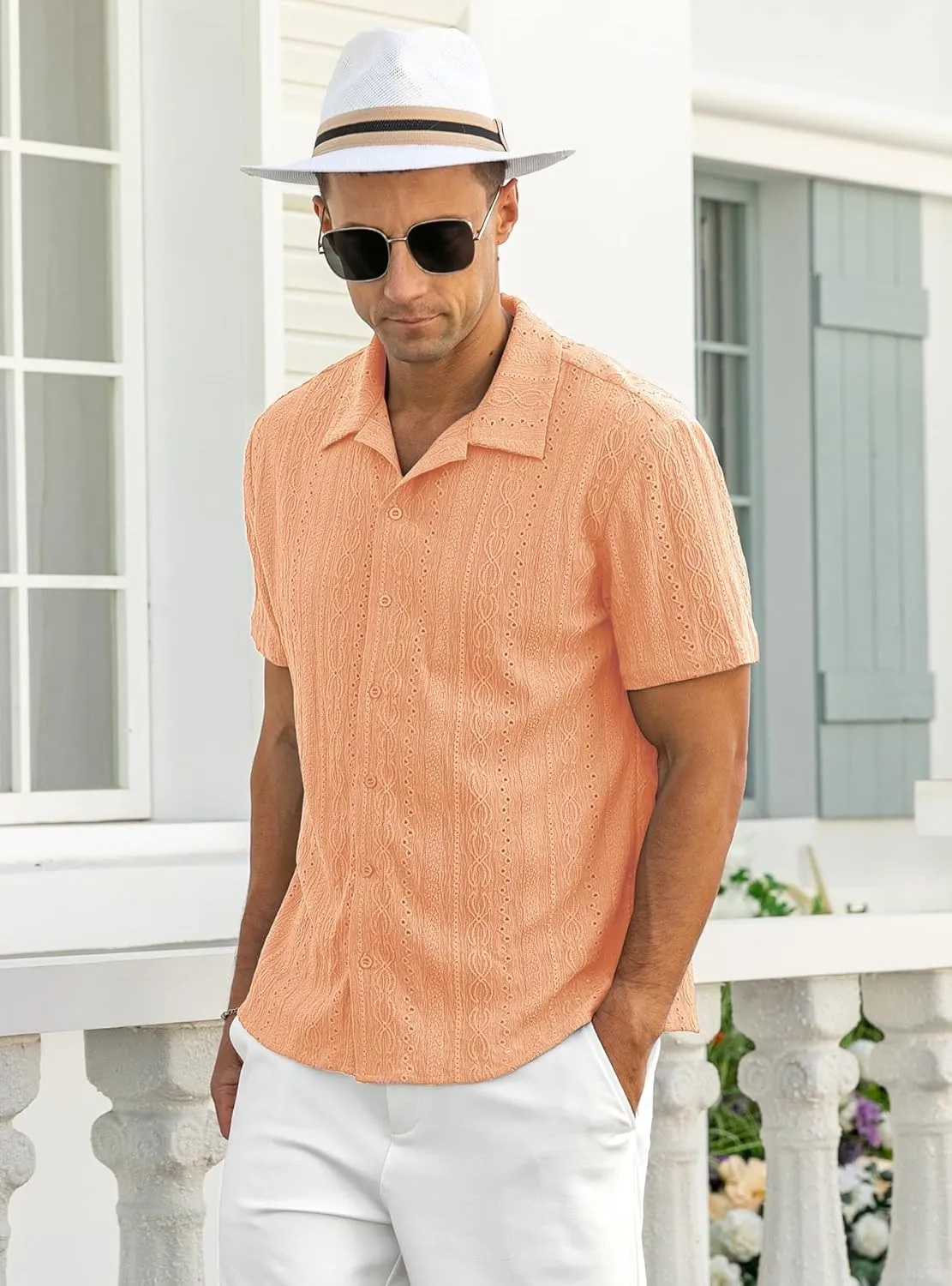 NITAGUT Men's Short Sleeve Shirts Casual Button Down Shirts Vacation Beach Summer Hollow Out Tops