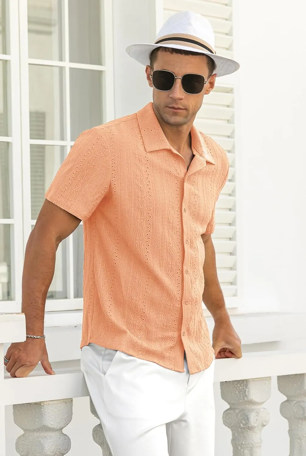 NITAGUT Men's Short Sleeve Shirts Casual Button Down Shirts Vacation Beach Summer Hollow Out Tops