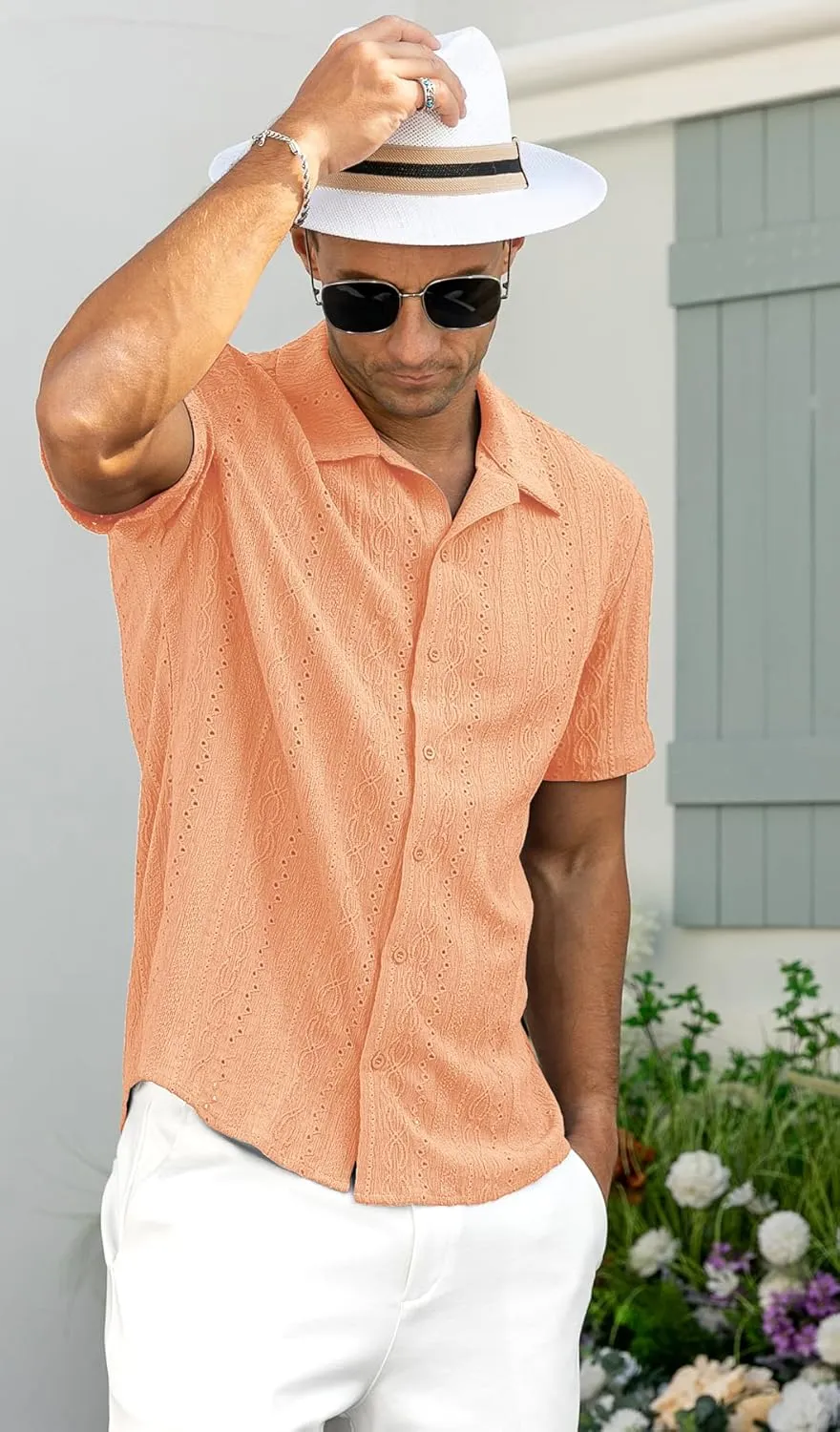 NITAGUT Men's Short Sleeve Shirts Casual Button Down Shirts Vacation Beach Summer Hollow Out Tops