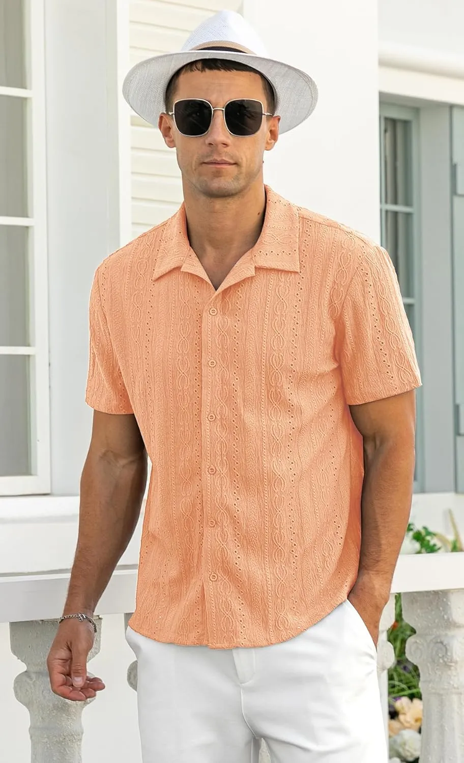 NITAGUT Men's Short Sleeve Shirts Casual Button Down Shirts Vacation Beach Summer Hollow Out Tops