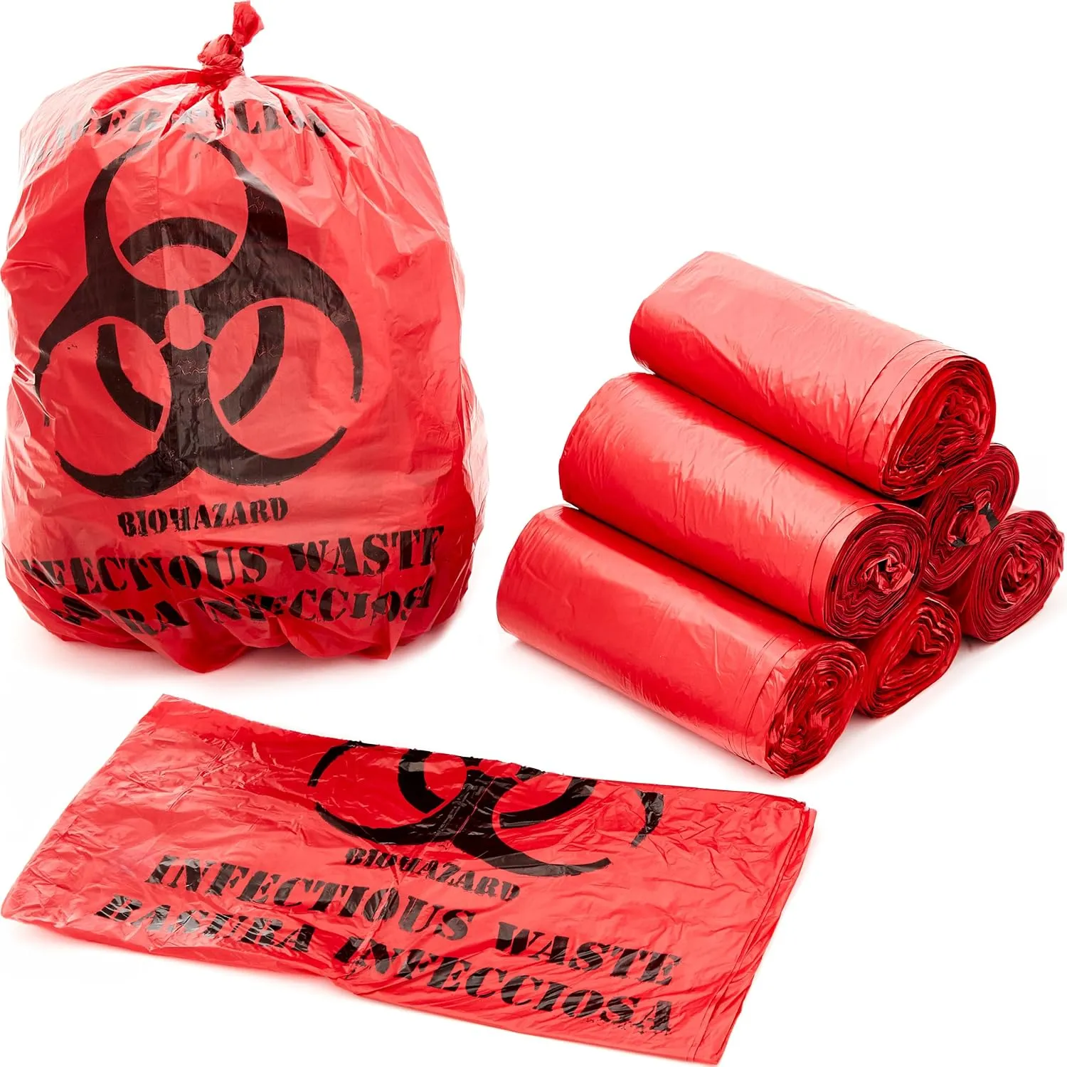 No Leak, Hospital Grade Biohazard Waste Bags 150 Pk. 10 Gallon, 24" Red Trash Liner With Hazard Symbol For Infectious Waste Disposal
