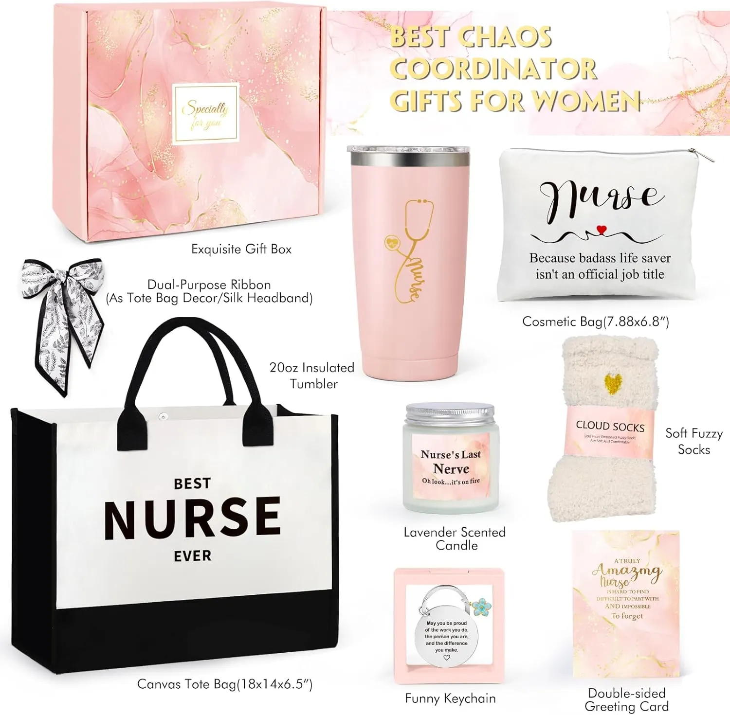 Nurse Gifts for Women, Rn Appreciation Gift Set Nurses Week Set Graduation Box Christmas Basket for Nurses Female Nursing Student with Canvas Beach Tote Bag Tumbler Keychain Pink
