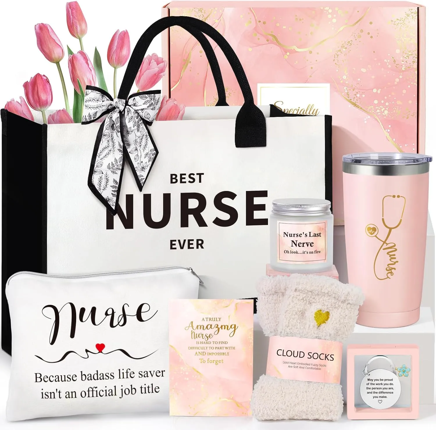 Nurse Gifts for Women, Rn Appreciation Gift Set Nurses Week Set Graduation Box Christmas Basket for Nurses Female Nursing Student with Canvas Beach Tote Bag Tumbler Keychain Pink