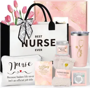 Nurse Gifts for Women, Rn Appreciation Gift Set Nurses Week Set Graduation Box Christmas Basket for Nurses Female Nursing Student with Canvas Beach Tote Bag Tumbler Keychain Pink