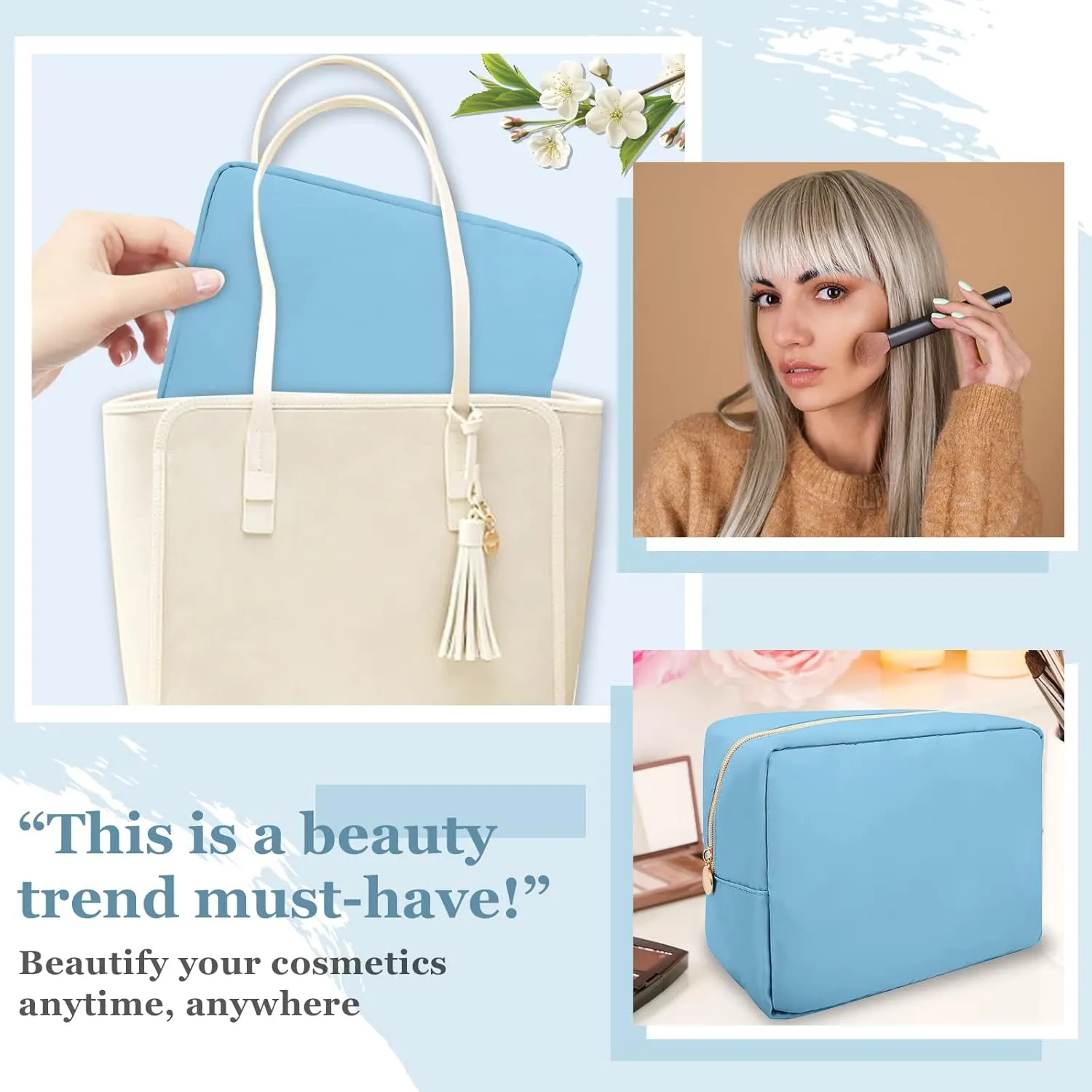 Nylon Large Makeup Bag Travel Cosmetic Bag Pouch, Preppy Big Makeup Bag Cute Cosmetic Zipper Pouch Purse, Waterproof Toiletry Bag Clutch Make Up Organizer Travel Essentials for Women Men Girls(Blue)