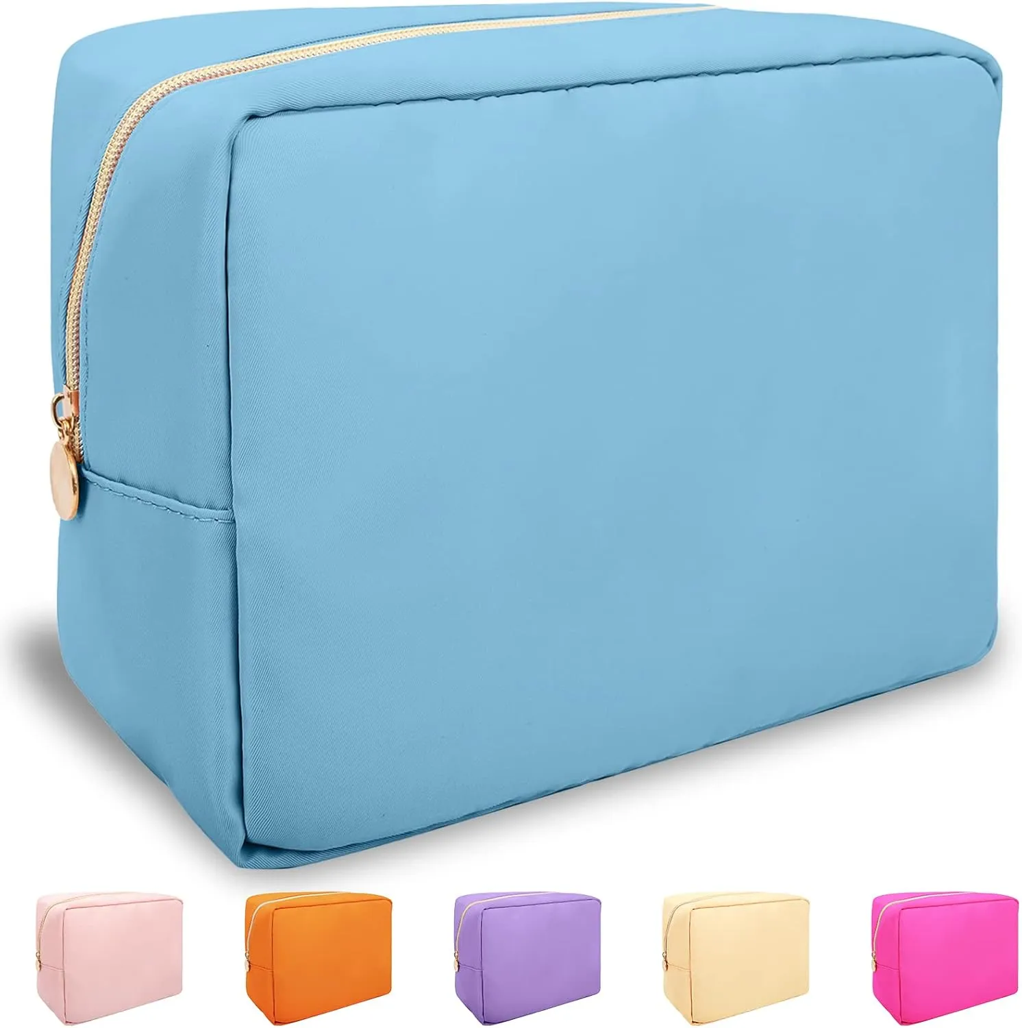 Nylon Large Makeup Bag Travel Cosmetic Bag Pouch, Preppy Big Makeup Bag Cute Cosmetic Zipper Pouch Purse, Waterproof Toiletry Bag Clutch Make Up Organizer Travel Essentials for Women Men Girls(Blue)