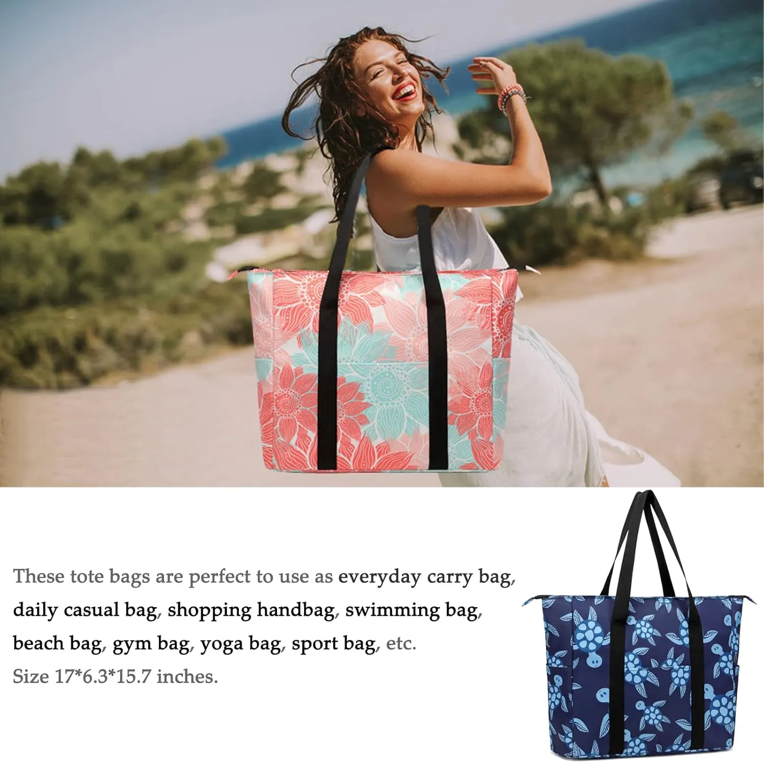Octsky Roomy Beach Bags for Women - Waterproof Sandproof Beach Tote with Dual Zipper and Wet Pocket - 3 Outside Pockets
