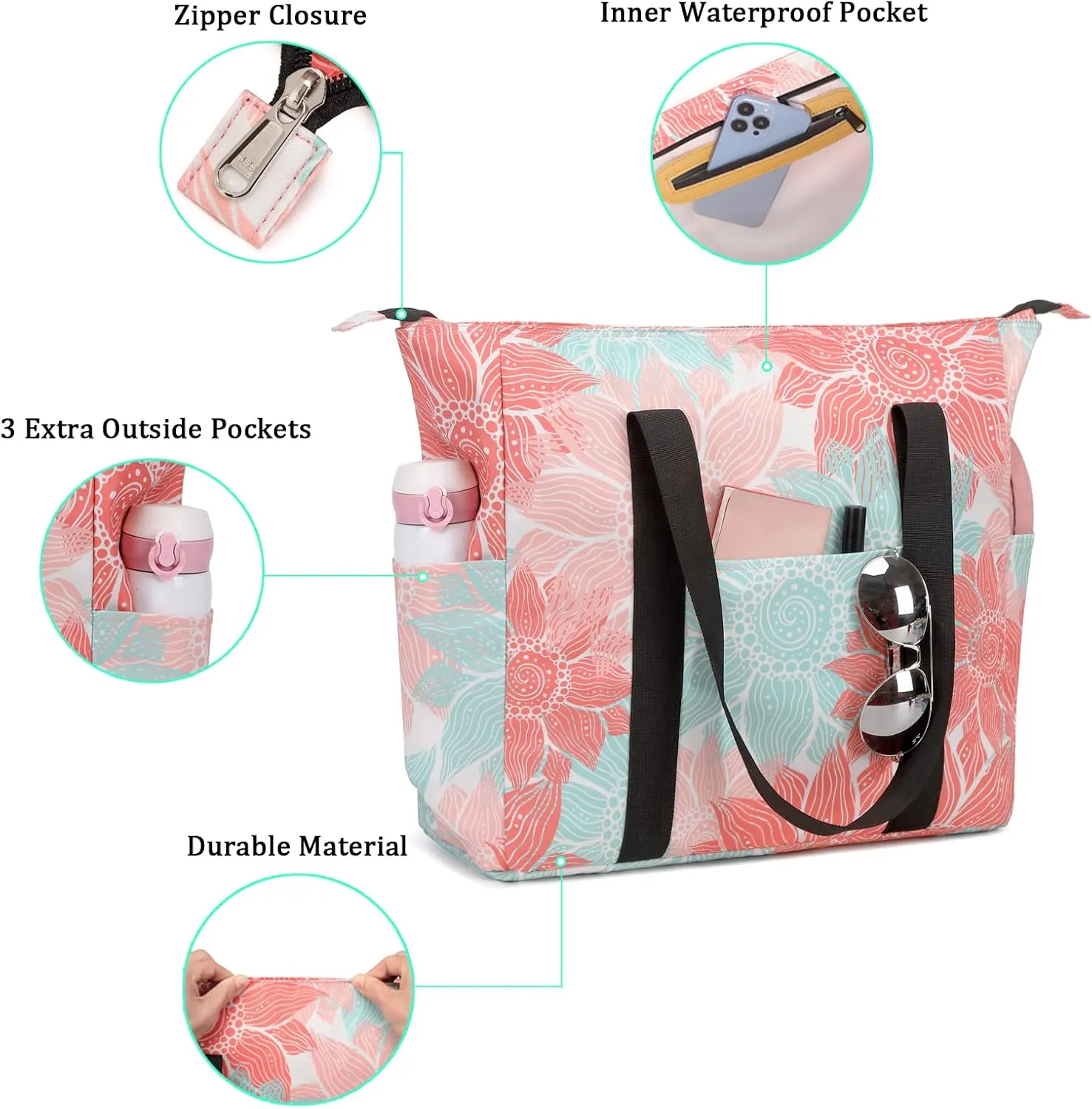 Octsky Roomy Beach Bags for Women - Waterproof Sandproof Beach Tote with Dual Zipper and Wet Pocket - 3 Outside Pockets