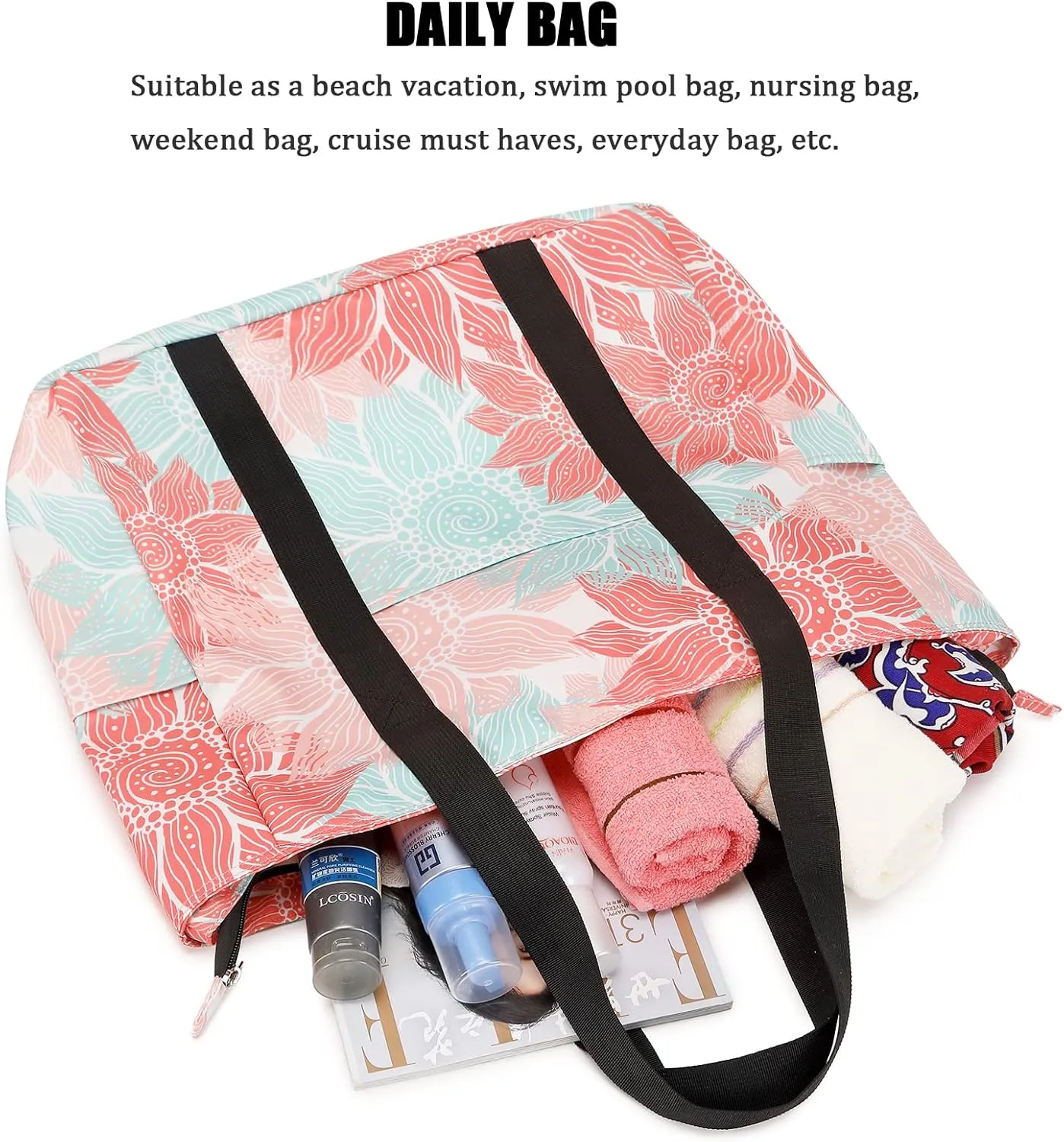 Octsky Roomy Beach Bags for Women - Waterproof Sandproof Beach Tote with Dual Zipper and Wet Pocket - 3 Outside Pockets