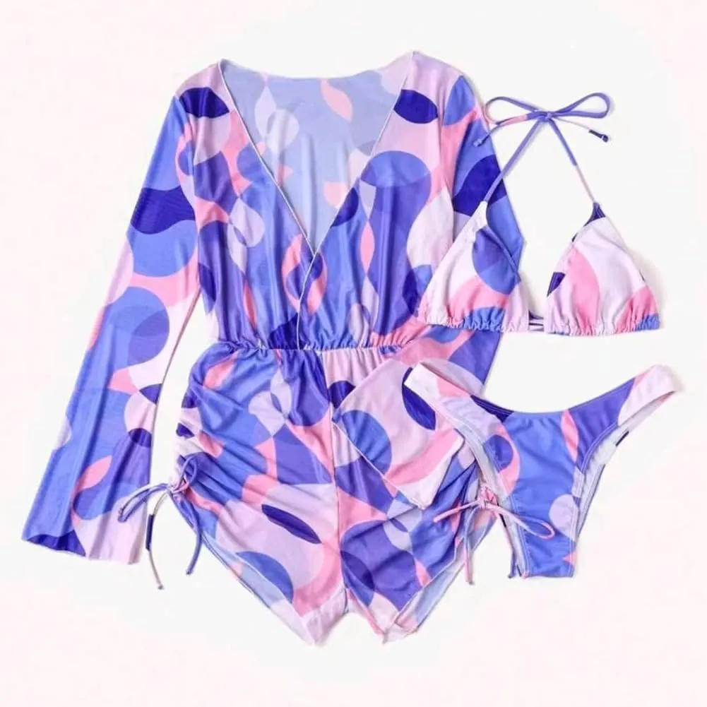 ODASDO Women's Sexy 3 Piece Swimsuits Halter Triangle Bikini Sets with Long Sleeve Mesh Cover Ups Romper Bathing Suits