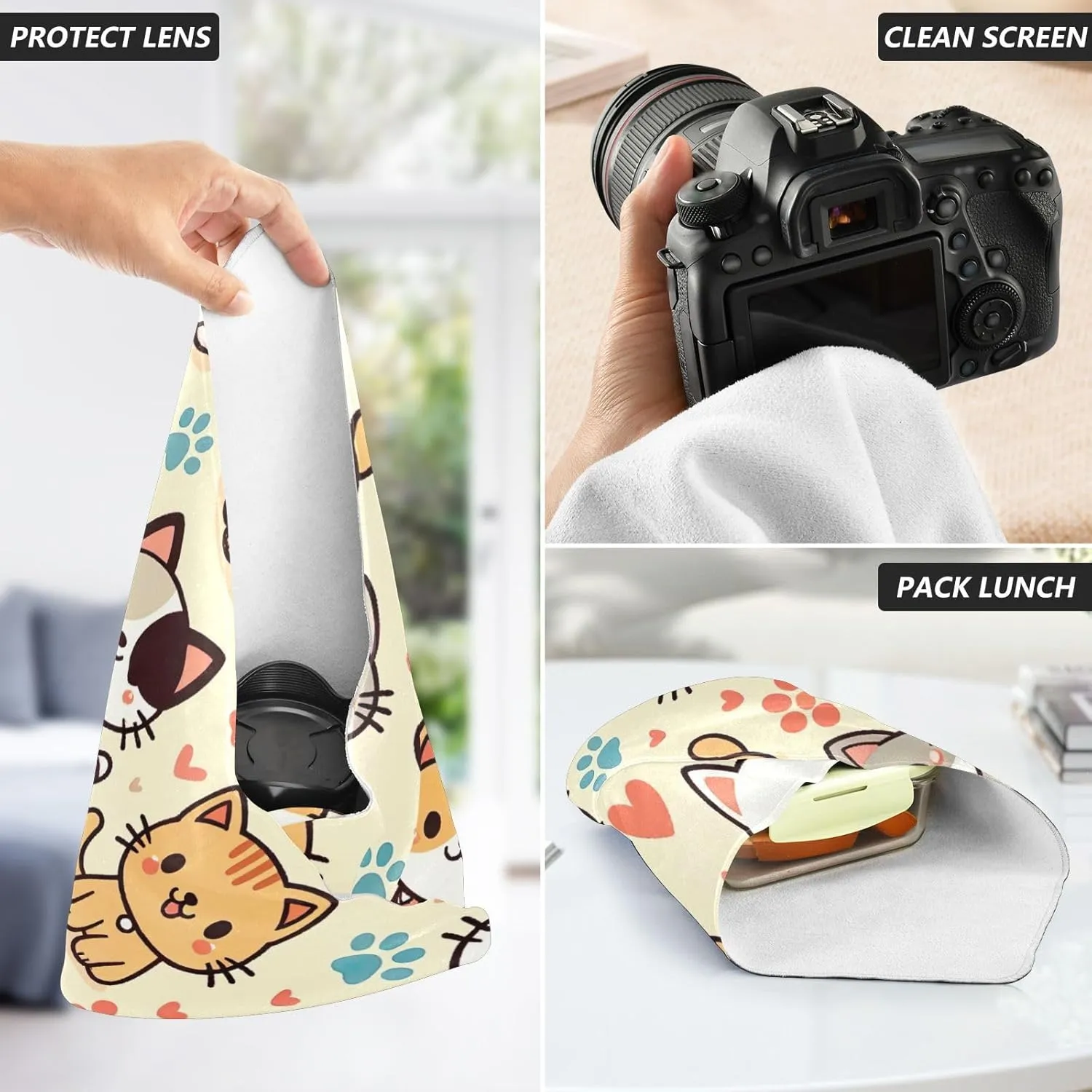 ODAWA Self Adhesive Cloth 17.7"x17.7" Cute Cats Dogs Multi-purpose Wrap Cloth Magic Self-Adhesive Cloth for Camera, Lens, Laptop