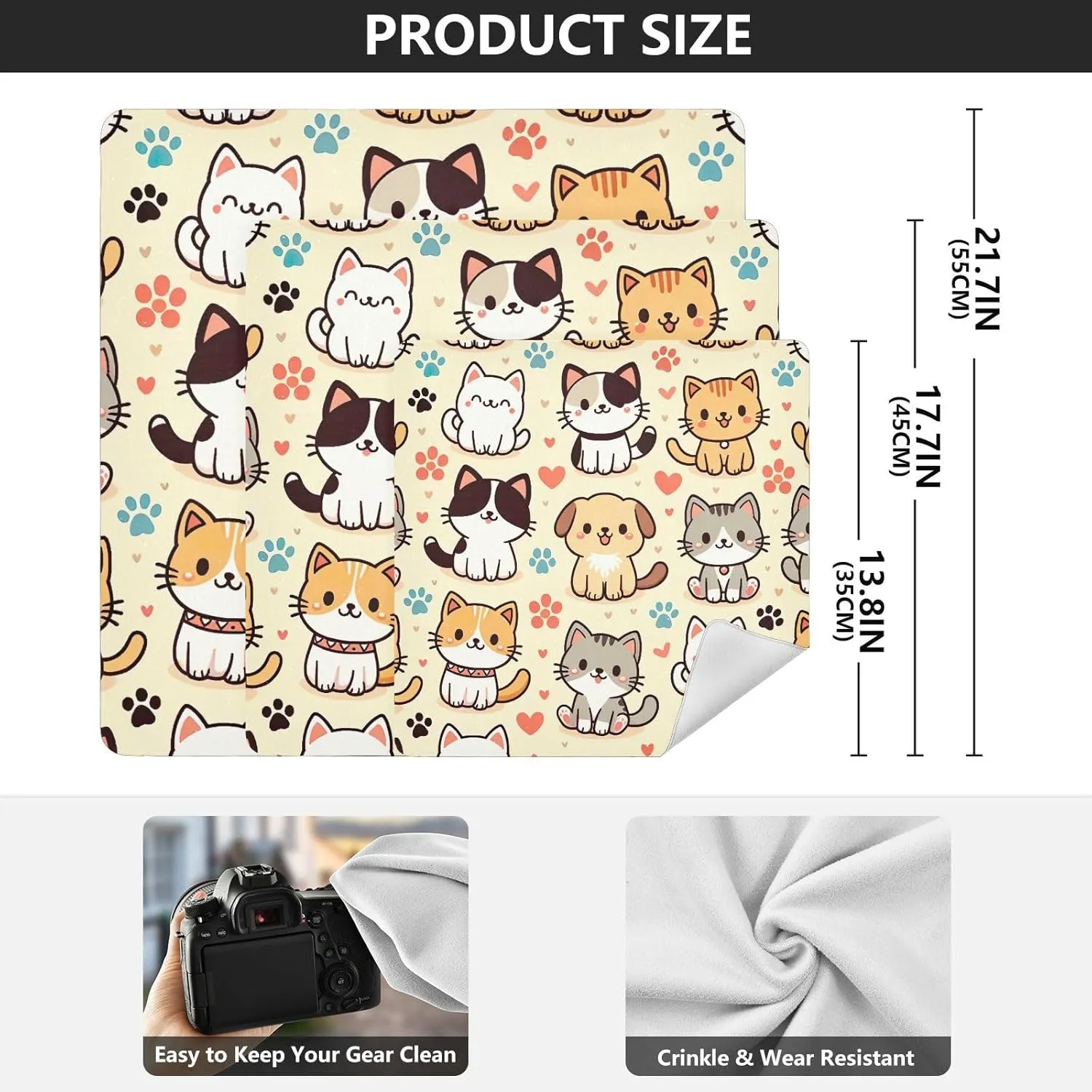 ODAWA Self Adhesive Cloth 17.7"x17.7" Cute Cats Dogs Multi-purpose Wrap Cloth Magic Self-Adhesive Cloth for Camera, Lens, Laptop