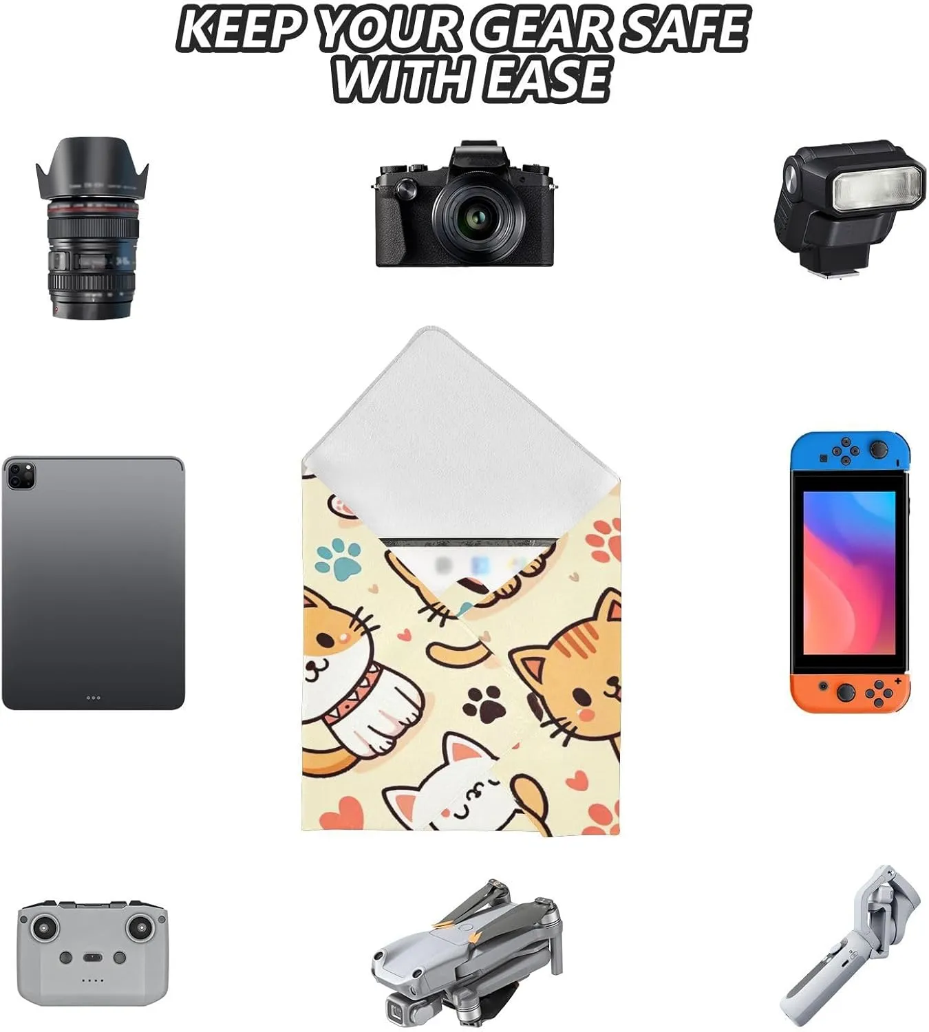 ODAWA Self Adhesive Cloth 17.7"x17.7" Cute Cats Dogs Multi-purpose Wrap Cloth Magic Self-Adhesive Cloth for Camera, Lens, Laptop