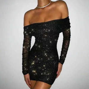 Off-Shoulder Evening Dress with Sparkling Detail
