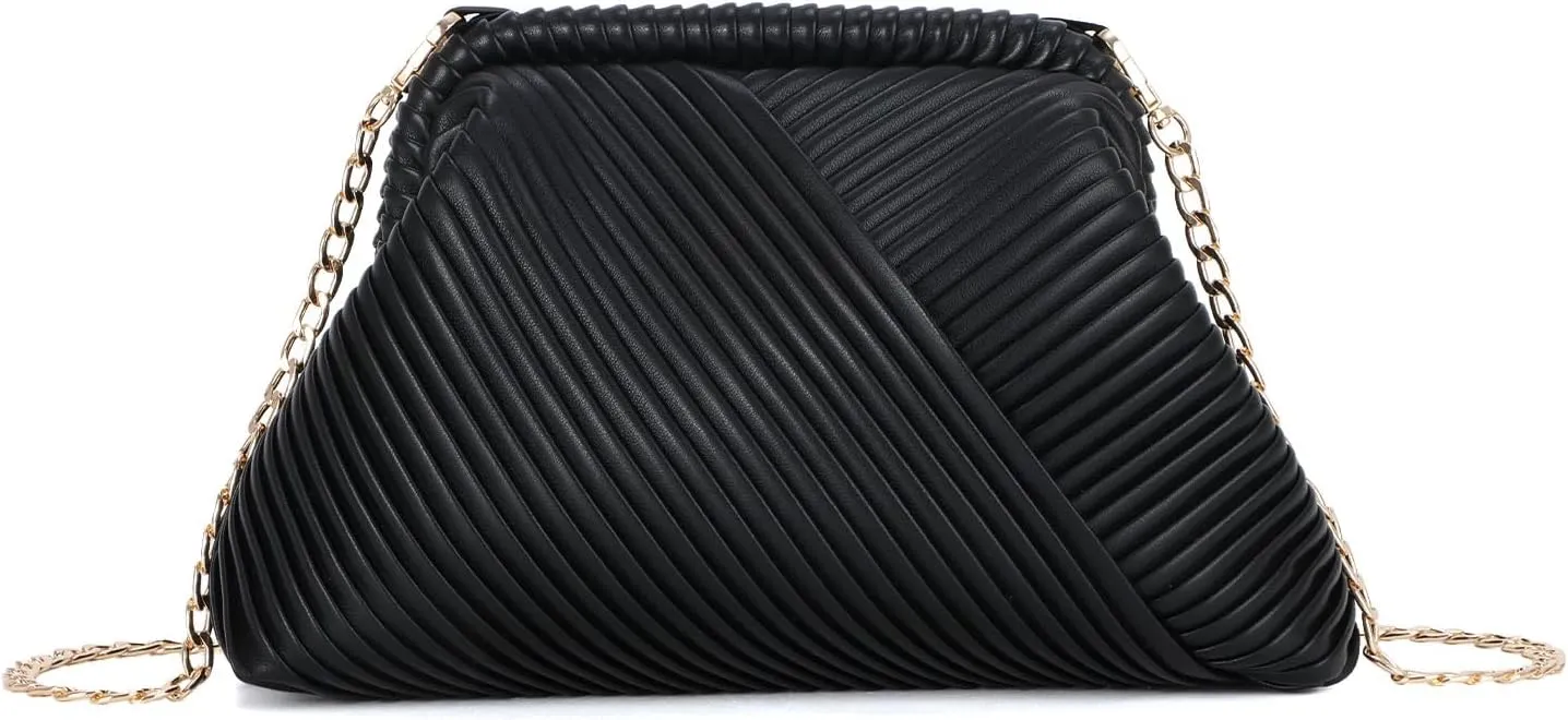 Oweisong Striped Clutch Purse for Women Ruched Leather Evening Bag Small Handbag Purse Cloud Dumpling Bag with Chain