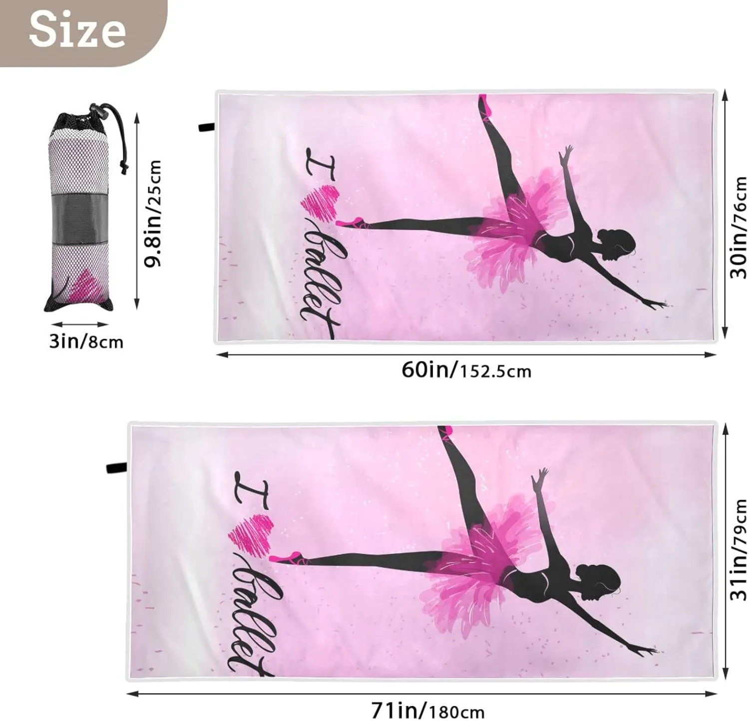 Oyihfvs Ballerina Dance Pink Quick Drying Beach Towel, Foldable Yoga Towel, Soft Sport Towel, Sweat Absorbent Towel with Storage Mesh Bag 30 x 60 inch (S)