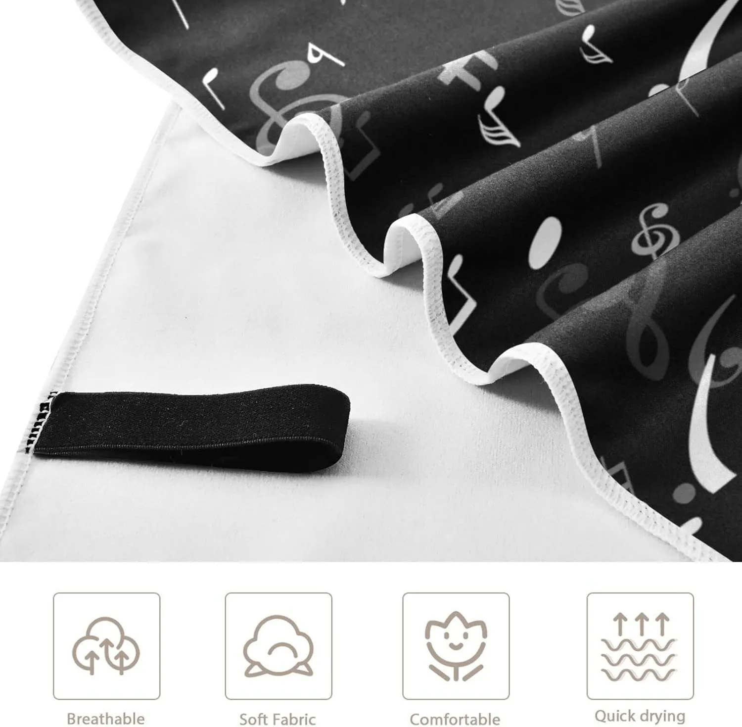 Oyihfvs Seamless Black White Melody Musical Notes on Dark Black Quick Drying Beach Towel, Foldable Yoga Towel, Soft Sport Towel, Sweat Absorbent Towel with Storage Mesh Bag 31 x 71 inch (M)