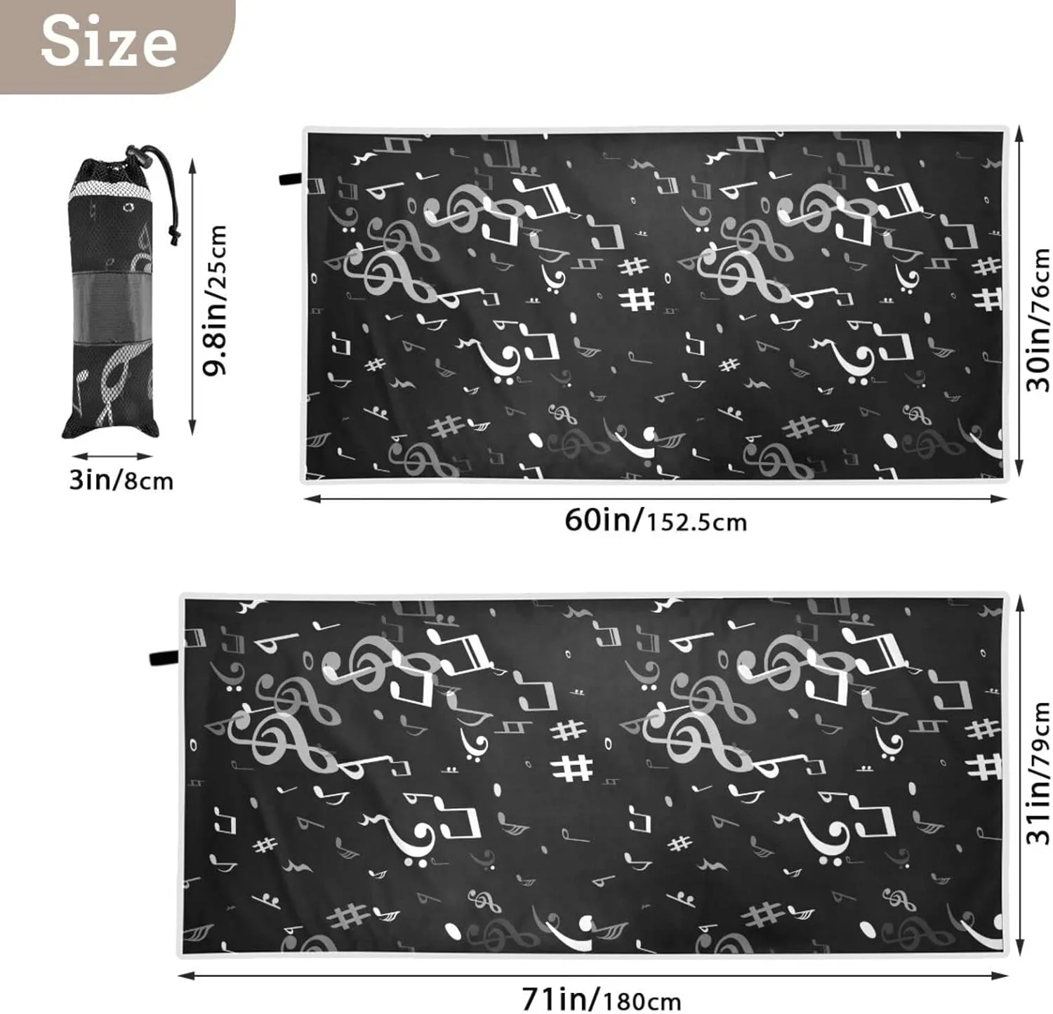 Oyihfvs Seamless Black White Melody Musical Notes on Dark Black Quick Drying Beach Towel, Foldable Yoga Towel, Soft Sport Towel, Sweat Absorbent Towel with Storage Mesh Bag 31 x 71 inch (M)