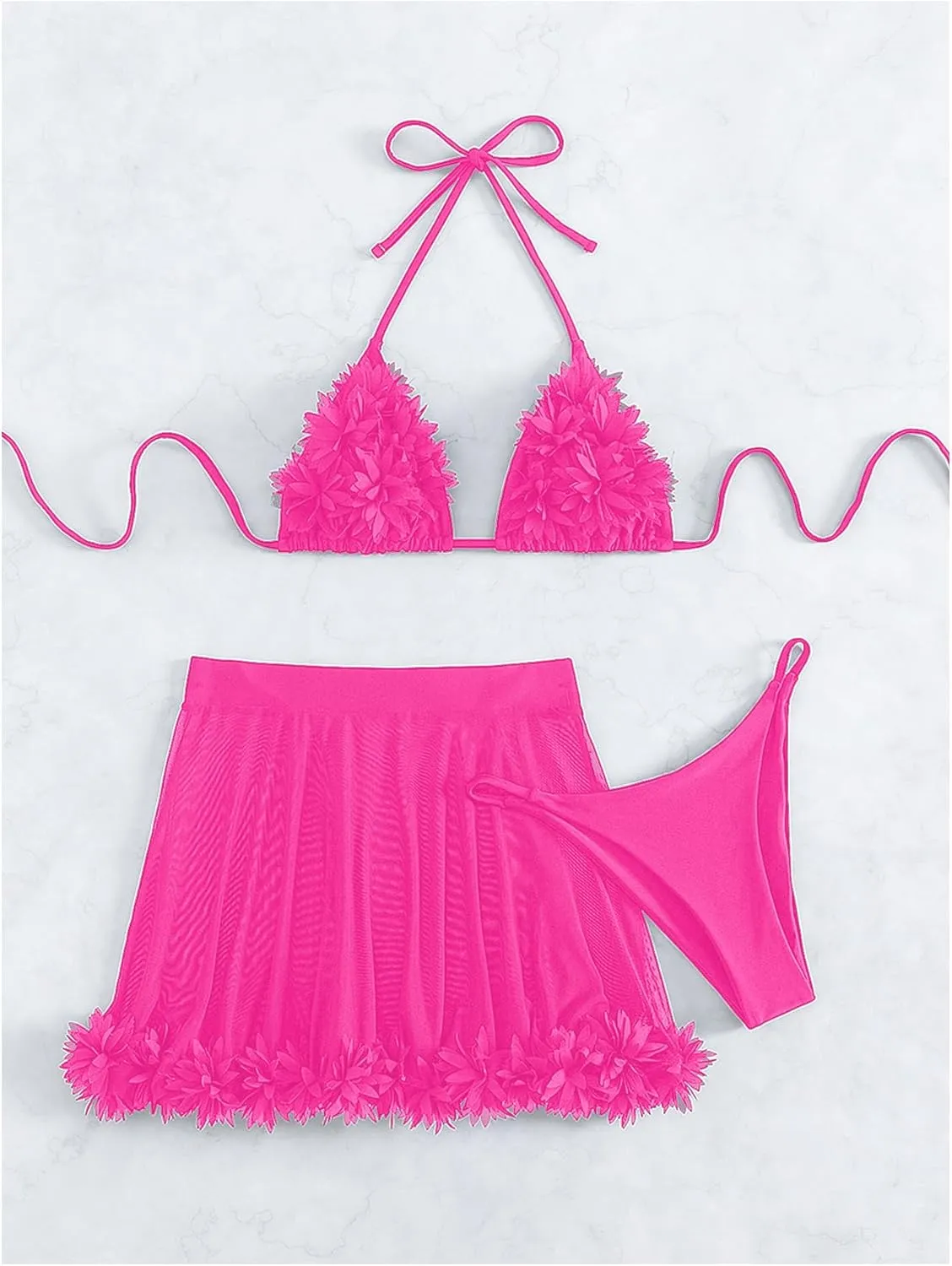 OYOANGLE Women's 3 Pieces Swimsuit Halter Triangle Bikini Swimsuit with Mesh Beach Skirt Cover Up